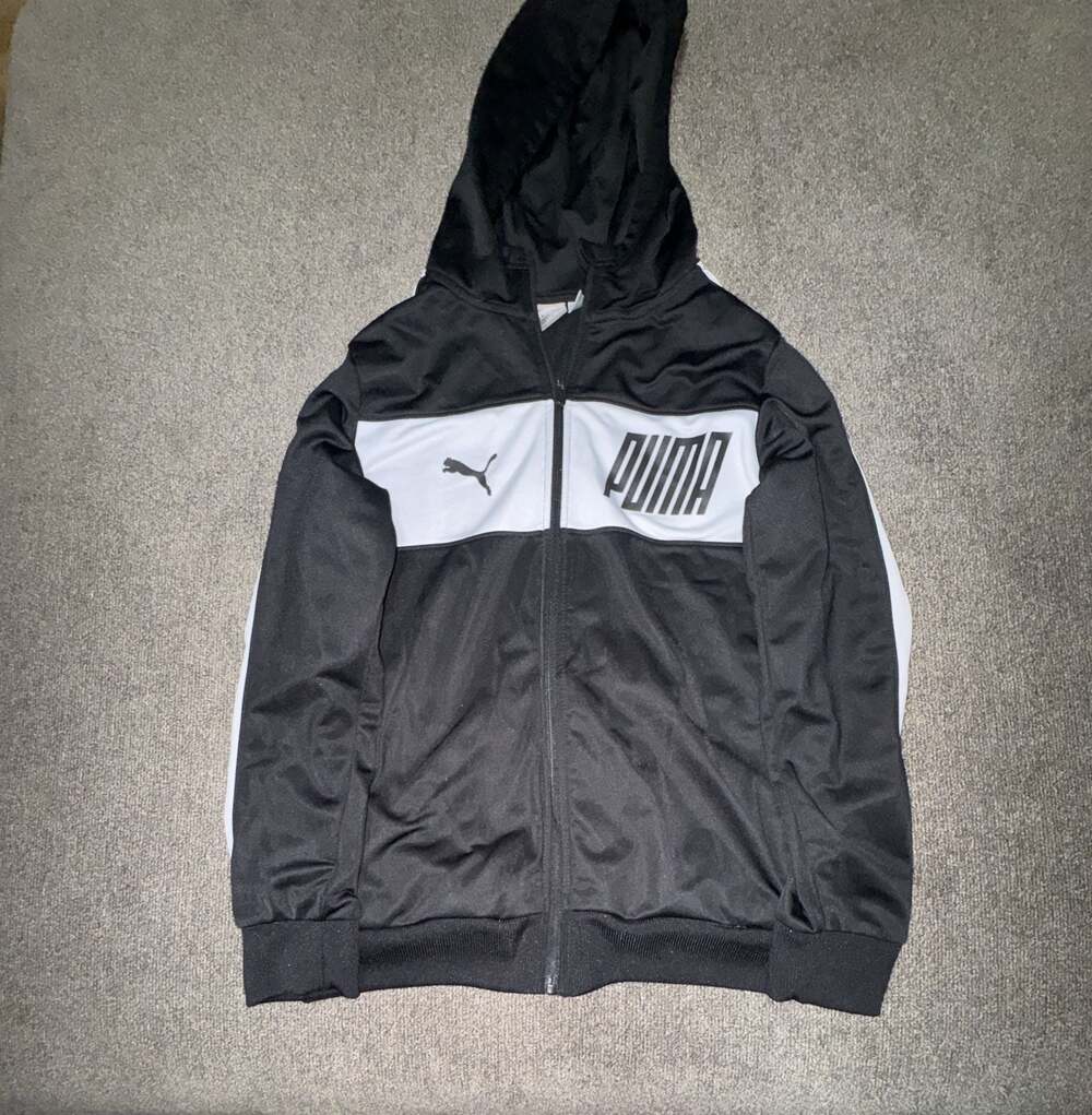 Puma Boys Black And White Colorblock Full Zip Hooded Sweatshirt Size Large Youth